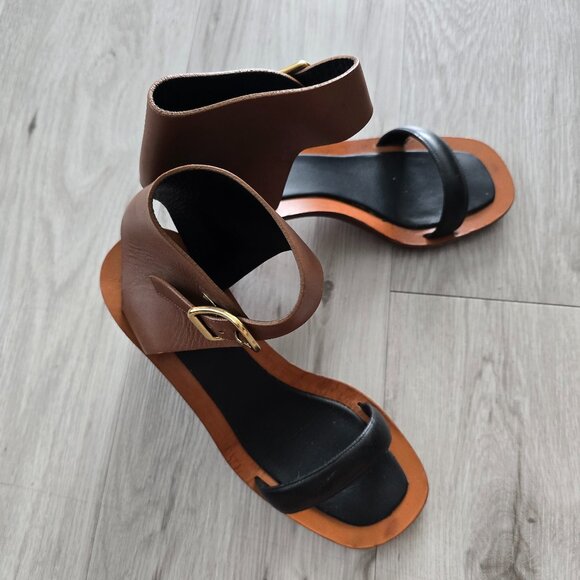 Celine | 'Bam Bam' brown leather art deco metal block heel sandals | WMS 7 - Picture 3 of 12